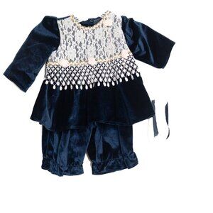Velvet & Lace Size M Baby Girl Dress With Floral Trim & Matching Bloomers